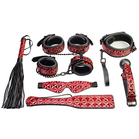 BDSM Bondage Kit- 7Pcs Under Bed Restraints Fetish Set Toys- Spanking Paddle, Whips and Handcuffs,Ankle Cuffs, Ball Gag, Neck Collar Chain, Blindfold For Women And Couple(Red)
