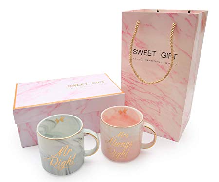 Mr Right Mrs Always Right Coffee Mugs Set- Perfect for engagement parties, wedding, anniversary, and newlyweds, him or her- Ceramic Marble Cups 13 oz (Pink Marble Boxes and Pink Marble Bags)
