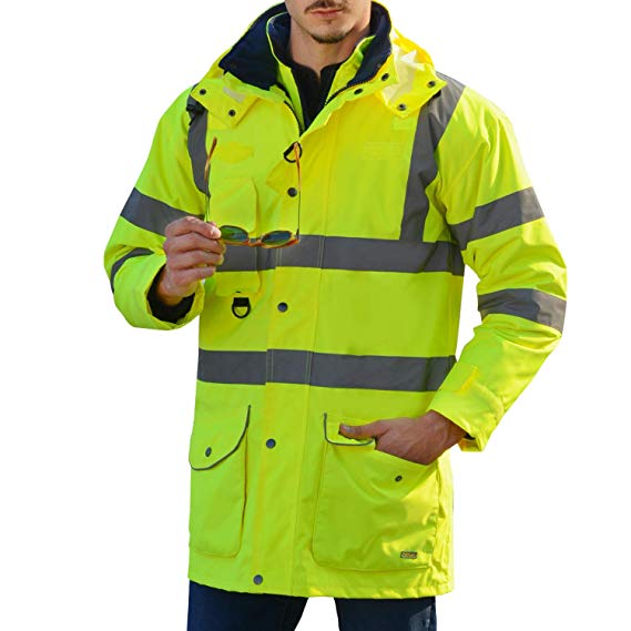 Holulo Reflective Jacket 7 in 1 Yellow Waterproof Reflective Class 3 Safety Parka Jacket with Zipper and Pockets Size XXL