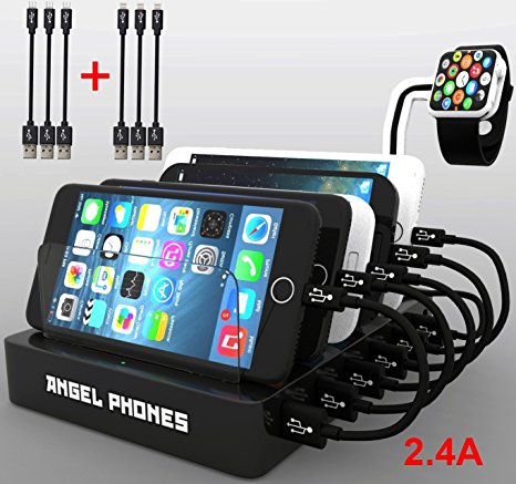 USB Charging Station Dock, Mobile Multi Port Supercharged Fast Charging iPhone, iPad, iWatch, Samsung, Tablets, Kindles and all your other devices Plus FREE Bonus - SIX Charging Cables! (Black)