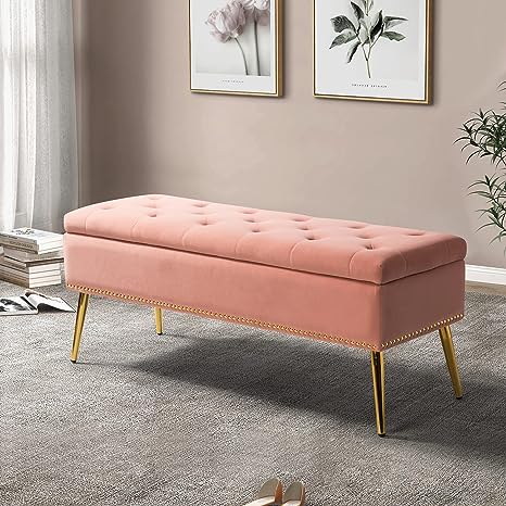 HULALA HOME Modern Velvet Storage Ottoman Bench with Gold Base & Nailhead Trim, Upholstered Bedroom Bench for End of Bed, Button-Tufted Footstool for Entryway Living Room Dining Room, Pink