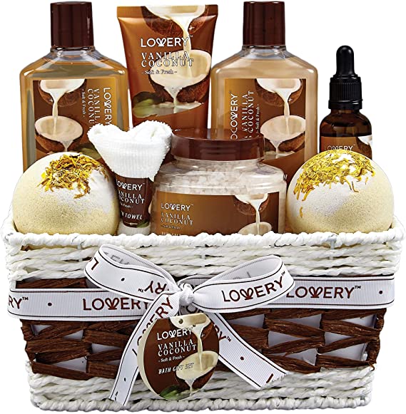 Bath and Body Gift Basket For Women – 9 Piece Set of Vanilla Coconut Home Spa Set, Includes Fragrant Lotions, Extra Large Bath Bombs, Coconut Oil, Luxurious Bath Towel and More