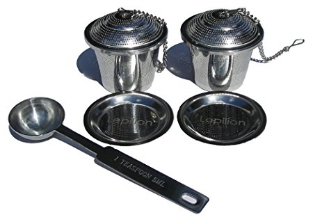 Lepilion Loose Leaf Tea Infuser Set of 2 with Drip Trays and BONUS Measuring Tea Scoop | Ultra Fine Stainless Steel Strainer for a Superior Brewing Experience | Brew In Mug, Cup, or Small Pot