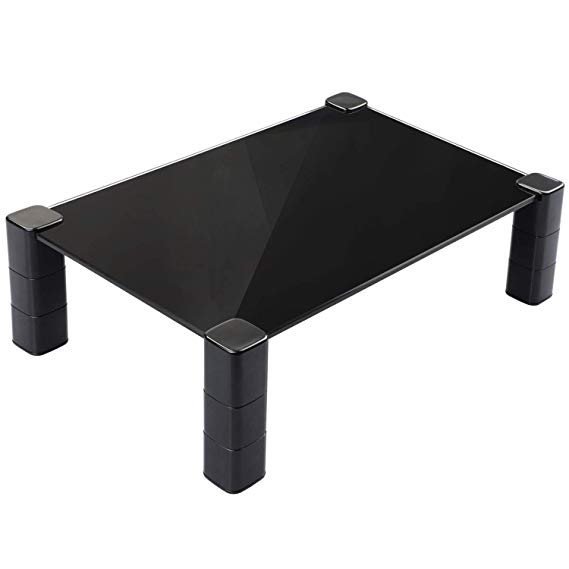 HUANUO Adjustable Monitor Stand - 3 Height Adjustable Glass Monitor Riser, with Extra Storage Space for PC Monitors, Computer & Laptop, with 14.8 x 9.5 Inch Black Platform