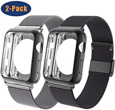 OHCBOOGIE Compatible for Apple Watch Band 38mm 40mm 42mm 44mm with Case, Wristband Loop Replacement Band Compatible Iwatch Series 5,Series 4,Series 3,Series 2,Series 1,2pack