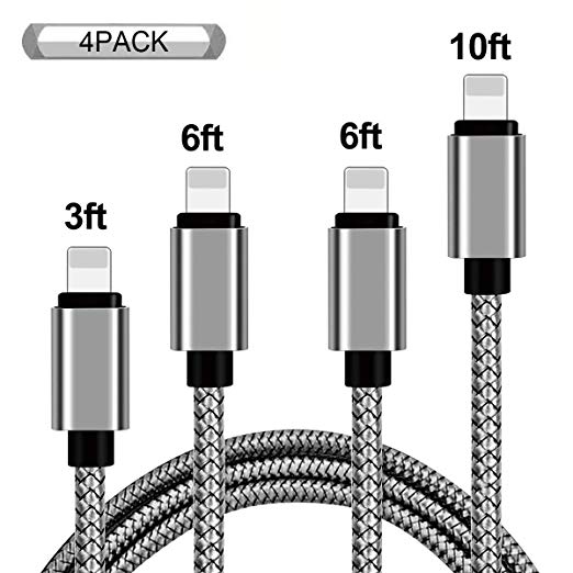 Lightning Cable, iPhone Charger Cables 4Pack 3FT 6FT 6FT 10FT to USB Syncing Data and Nylon Braided Cord Charger for iPhoneX/Xr/8/8Plus/7/7Plus/6/6Plus/6s/6sPlus/5/5s/5c/SE Case and More-Grey