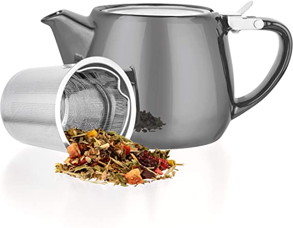 Tealyra - Pluto Porcelain Small Teapot Grey - 18.2-ounce (1-2 cups) - Unique Finish - Stainless Steel Lid and Extra-Fine Infuser To Brew Loose Leaf Tea - 540ml