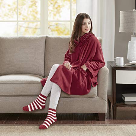 Comfort Spaces - Stylish Soft Microfleece Poncho Angel Wrap with Matched Sock Set - Travel Blanket - (One Size fits Most)- Red