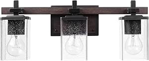 Globe Electric 51676 Dakota 3-Light Vanity Light, Matte Black, Dark Faux Wood Accents, Clear Seeded Glass Shades