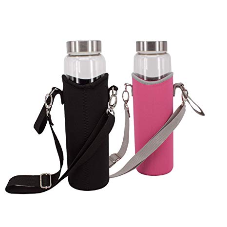 Sunkey 1L Neoprene Bottle Sleeve 32oz Water Bottle Carrier Holder Adjustable Shoulder Strap with Metal Buckle 2 Pack Black/Pink (24-32 oz)