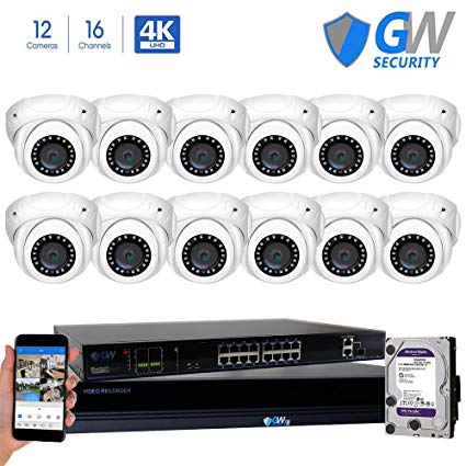 GW Security 16 Channel 4K NVR 8MP IP Camera Network PoE H.265 Surveillance System with 12-Piece Ultra HD 4K 2160P Weatherproof Outdoor/Indoor Dome Security Cameras - White