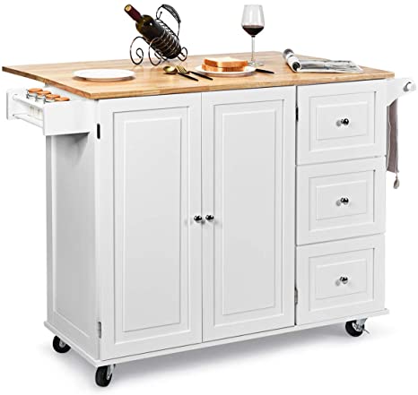 Giantex Kitchen Island Cart with Drop-Leaf Tabletop, Large Trolley Cart with Large Cabinet, 3 Drawers, Spice Rack, Towel Rack, Kitchen and Dining Room Utensils or Tableware Organizer on Wheels (White)