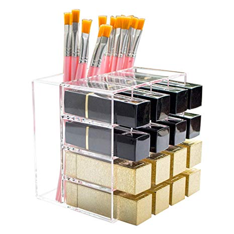 Mordoa Acrylic Lip Gloss Makeup Tower Stand Organizer 18 Space Cosmetic Storage Designed To Stand, Lay Flat & Stack C121