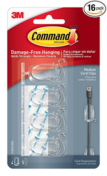 Command Cord Clips, Medium, Clear, 4-Clip, 4-Pack (17301CLR)