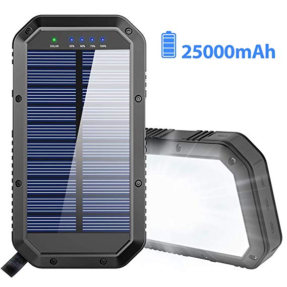 Solar Charger, 25000mAh Solar Power Bank Portable Panel Charger with 36 LEDs and 3 USB Output Ports External Backup Battery for Camping Outdoor for iOS Android (Black)