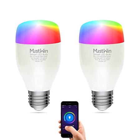 MustWin BULB-087 Smart LED, Multicolor Wi-Fi Light, 600LM Dimmable A19 60W Equivalent RGBW Color Changing Bulb, App & Voice Control, No Hub Required, Compatible with Alexa & Google Assistant (2, RGB