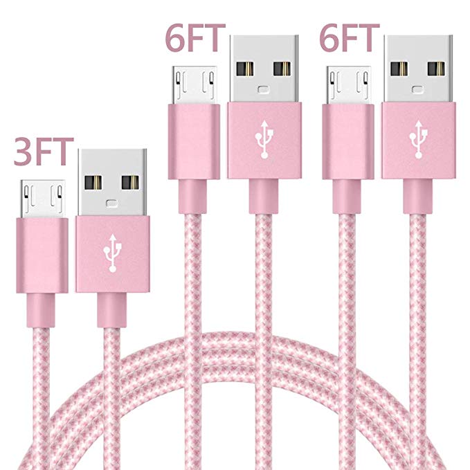 Vanzon Micro USB Cable,3Pack 3FT 2X6FT Long Premium Nylon Braided Android Charger USB to Micro USB Charging Cable Samsung Charger Cord for Samsung Galaxy S7 Edge/S7/S6/S4/S3,Note 5/4/3-PinkWhite