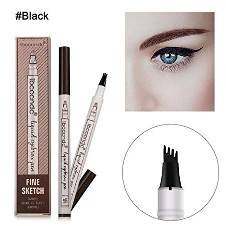 Vominice Eyebrow Tattoo Pen, Microblading Eyebrow Pencil with Four Tips,Waterproof Brow Gel, Fork Tip Applicator Creates Natural Looking Brows Effortlessly and Stays All Day (#04 - Black)