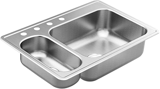 Moen GS202864Q 2000 Series 33-inch 20 Gauge Drop-in Double Bowl Stainless Steel Kitchen Sink, Featuring QuickMount