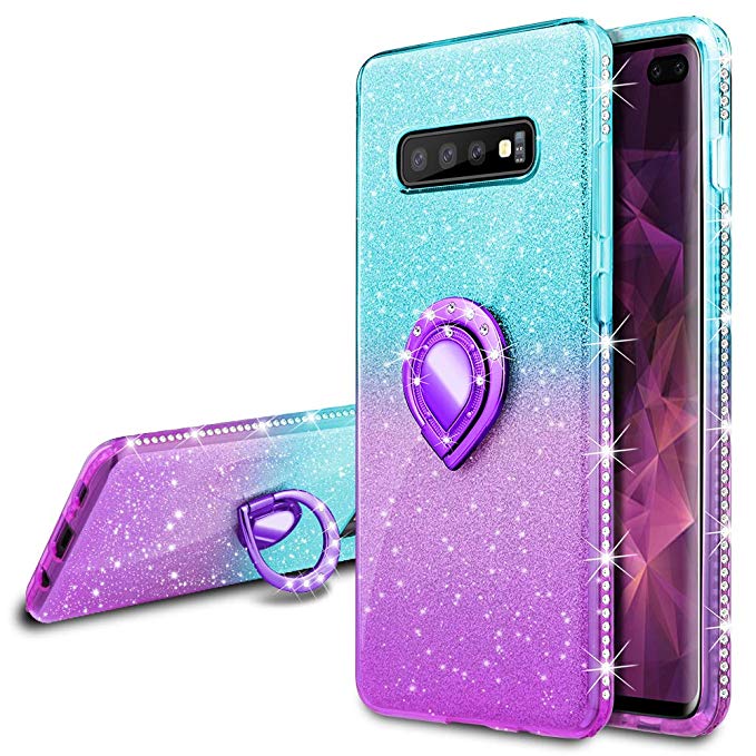 VEGO Galaxy S10 Plus Glitter Gradient Ombre Case with Ring Holder Kickstand for Women Girls Bling Diamond Rhinestone Sparkly Fashion Shiny Cute Protective Case for Galaxy S10 Plus (Teal Purple)