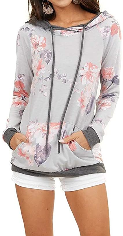 Dressmine Womens Floral Camo Hoodie Sweatshirts Color Block Long Sleeve Shirts Drawstring Hooded Pullover Top
