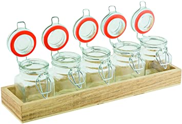 TableCraft HFLGLASS5 's 6-Piece Tasting Flight Set, (5) 2.4 oz. Jars with Crate, Clear