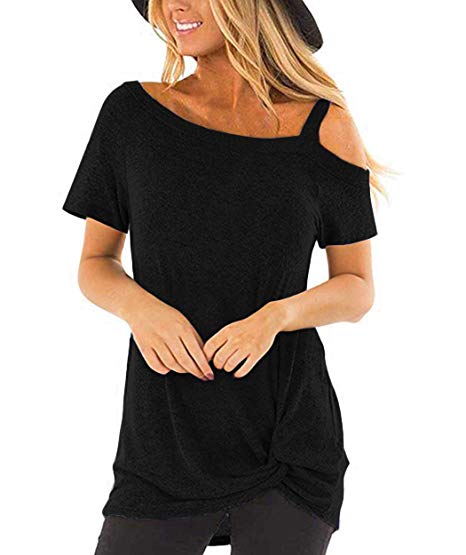 AUU Cold Shoulder T-Shirt Women Summer Short Sleeve Shirt Casual Front Knot Side Twist Tunic Tops