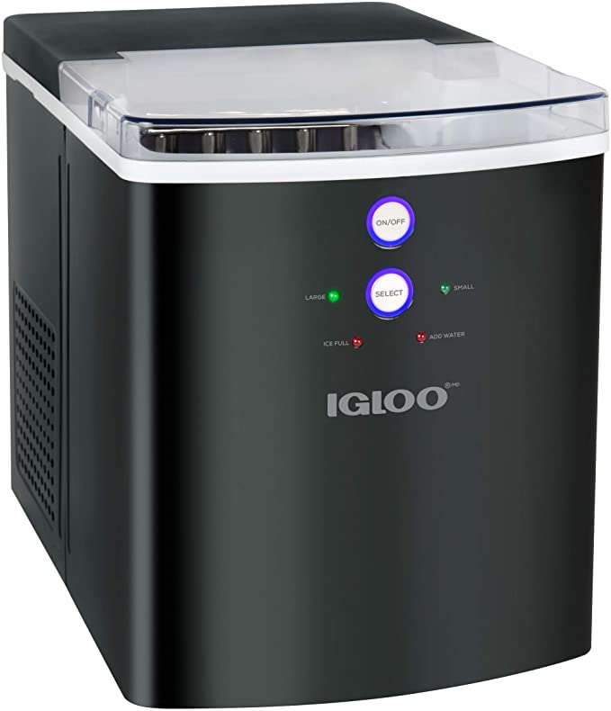 Igloo ICEB33BS Large-Capacity Automatic Portable Electric Countertop Ice Maker Machine, 33 Pounds in 24 Hours, 9 Ice Cubes Ready in 7 minutes, With Ice Scoop and Basket, Black Stainless Steel