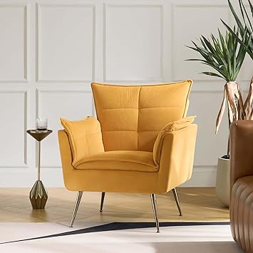 HULALA HOME Velvet Accent Chair with Tufted Padded Cushion, Comfy Upholstered Armchair with Gold Legs, Modern Single Sofa Chair for Living Room Bedroom, Mustard