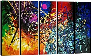 Wieco Art Colorful Abstract Heart Oil Paintings on Canvas Wall Art Ready to Hang for Living Room Bedroom Home Office Decorations Modern 5 Panel 100% Hand Painted Stretched and Framed Artwork