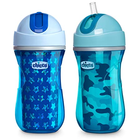 Chicco Insulated Flip-Top Straw Spill Free Baby Sippy Cup, 12 Months , Blue/Teal, 9 Ounce (Pack of 2)