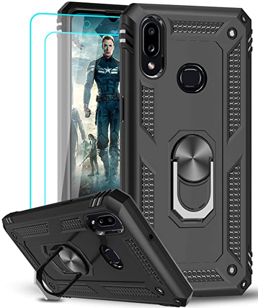 LeYi Samsung Galaxy A10S Case (Not Fit A10) with Tempered Glass Screen Protector [2 Pieces], [Military-Grade] Defender Protective Phone Case with Car Ring Holder Kickstand for Samsung A10S, Black