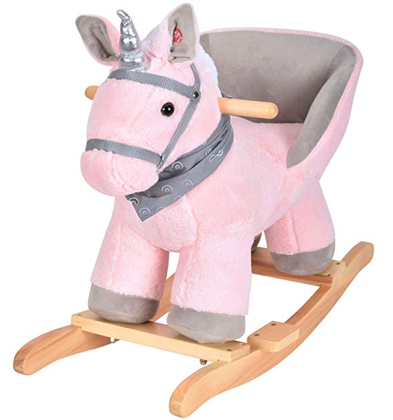 JOON Luna Rocking Horse Unicorn with a Spiral Scarf, Great for Childhood Development, Soft Materials Wooden Construction, Fun Musical Sounds, White Mane with Twisted Silver Horn, Pink-Gray