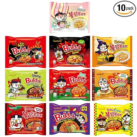 Samyang Buldak Chicken Stir Fried Ramen Korean Hot Spicy Ramen - 10 Flavor Variety Pack Cream Carbonara, Kimchi, Habanero, Cheese, Cheese - Korean Noodle Gift Set. Tiktok Ghost Spicy Challenge Your Tastebuds (10 Variety)