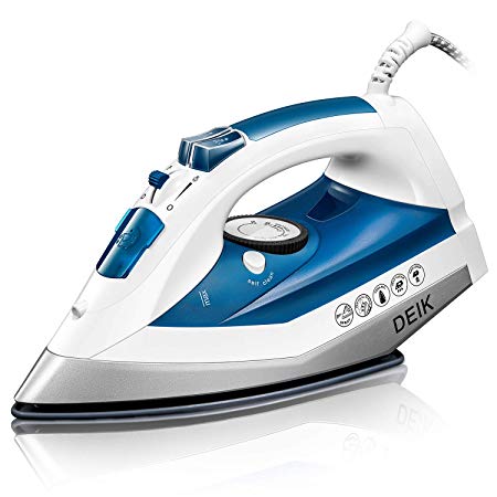 Deik Steam Iron, Iron with Nanoceramic Soleplate, Variable Temperature and Steam Setting Iron, Anti-Drip, Self-Clean Function, 1200-Watt, Blue/White