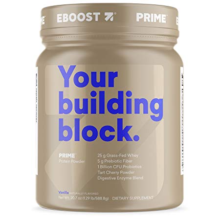 EBOOST Prime Highly Purified Grass-fed Whey Protein Powder, Vanilla| BCAA, Prebiotic Fiber, CFU Probiotics, No Added Hormones to Build Muscle and Recover Quickly (20.7 Ounce)
