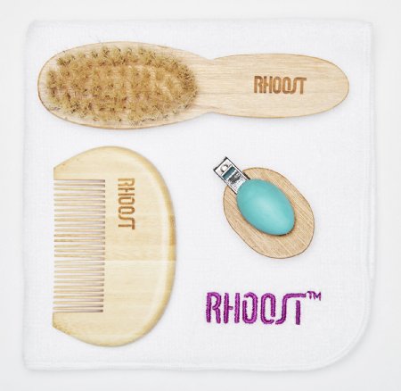 Rhoost Baby Grooming Kit (Teal) - Natural Wooden Brush & Comb, Natural Bristles, Easy to Use Nail Clipper, Cotton Washcloth - Baby Health and Personal Care Kits