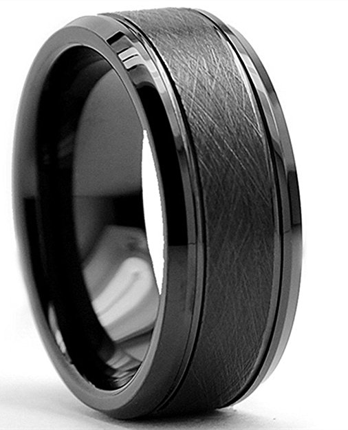 King Will CLASSIC 8mm Tungsten Carbide Ring Black Brushed Two Grooved Center Mens Wedding Band