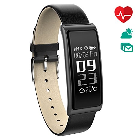 Fitness Tracker [Elegant Leather Strap], CHEREEKI Heart Rate Monitor 0.96’’ Full Touch Screen Smart Bracelet Fitness Wristband Watch with Activity Tracker / Step Tracker / Sleep Monitor / Call Notification Push for iPhone 7 8 Plus 6 Samsung S8 Note 8 and Other Android and iPhone iOS Smartphones