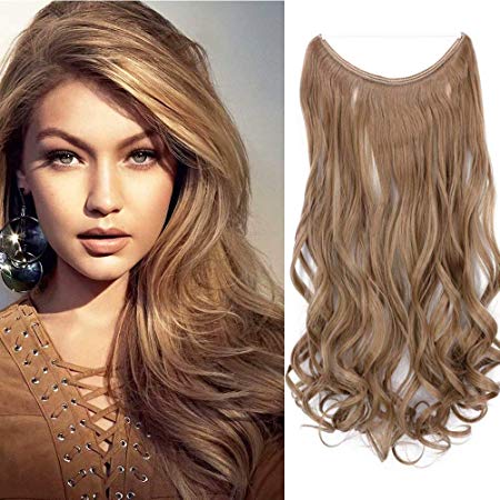 iLUU Invisible Wire Synthetic Hair Flip on Hair Extension 100g 24" Long Body Wave Fish Line Secret Halo Hair Pieces #16 Golden Blonde Color Flip in Syntheic Hair Extensions