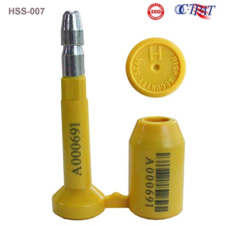 10pcs ISO and C-TPAT Certified High Security Bolt Seals for Container, Railway, Trailer, Truck, and Wagon Door Latches (Model HSS-007, Yellow, Unique Barcodes – TamperSeals)