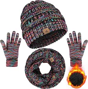 Winter Beanie Hat Scarf Gloves, Warm Fleece Knit Winter Hats Touch Screen Gloves Neck Scarf Set Winter Gifts for Unisex Adult Colorful