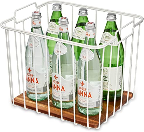 iDesign The Ría Safford Collection Deep Pantry Wire Basket with Acacia Wood, 14.25" x 12.5" x 12", 15.25" x 12.5" x 12"