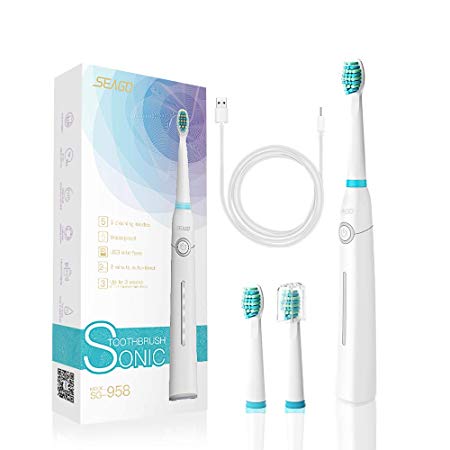 Sonic Rechargeable Electric Toothbrush for Kids and Adults,5 Modes with Smart Timer,USB Powered Travel Rechargeable Waterproof Sonic Toothbrush with 3 Soft Brush Heads By SEAGO SG958(White)