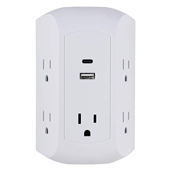 GE Ultra Pro 5 Outlet USB-C Outlet Adapter, Power Strip, Surge Protector, 1 Standard USB Port, 1 USB-C Port, Charging Station, Adapter Spaced Outlets, Wall Tap, Total 17W Charging Power, White, 43650