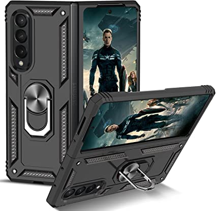 LeYi for Samsung Galaxy Z Fold 3 5G Phone Case, Magnetic Ring Holder Military Grade Lifeproof Armour Protective Hard Phone Case for Men Samsung Galaxy Z Fold 3 5G Black