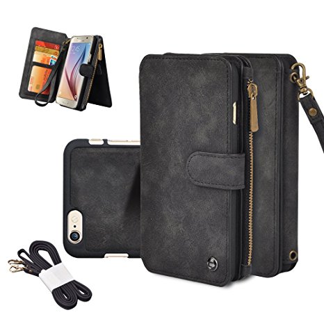 iPhone Wallet Case, Premium PU Leather Zipper Cellphone Purse [Card Slots] [Stand] [Wrist/Shoulder Strap] Detachable Cover for iPhone