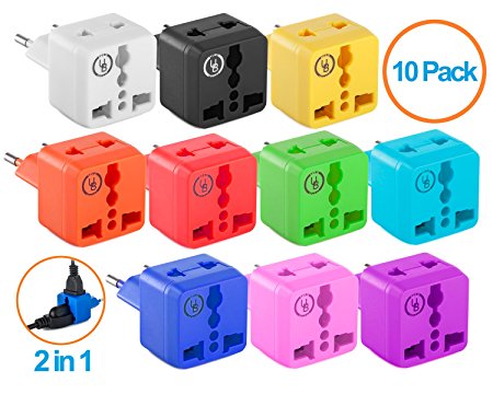 Yubi Power 2 in 1 Universal Travel Adapter with 2 Universal Outlets - Multi Color 10 Pack - Type C for Europe, France, Germany, Russia, Spain