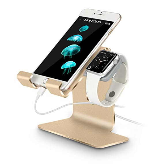 Tranesca 2-in-1 Charging Stand Holder Dock Compatible with Apple Watch Series 7/6/5/4/3/2/1 and Apple Watch SE (38mm/40mm/41mm/42mm/44mm/45mm) and iPhone/iPad (Gold-Must Have Apple Watch Accessories)