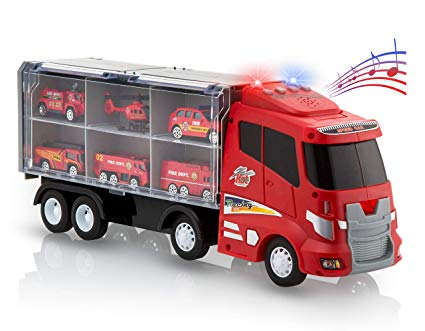 Advanced Play transport car carrier truck toys for boys and girls fire truck toy set includes 6 metal diecast play rescue vehicles and 12 slots with flashing lights sounds songs music for kids toddler